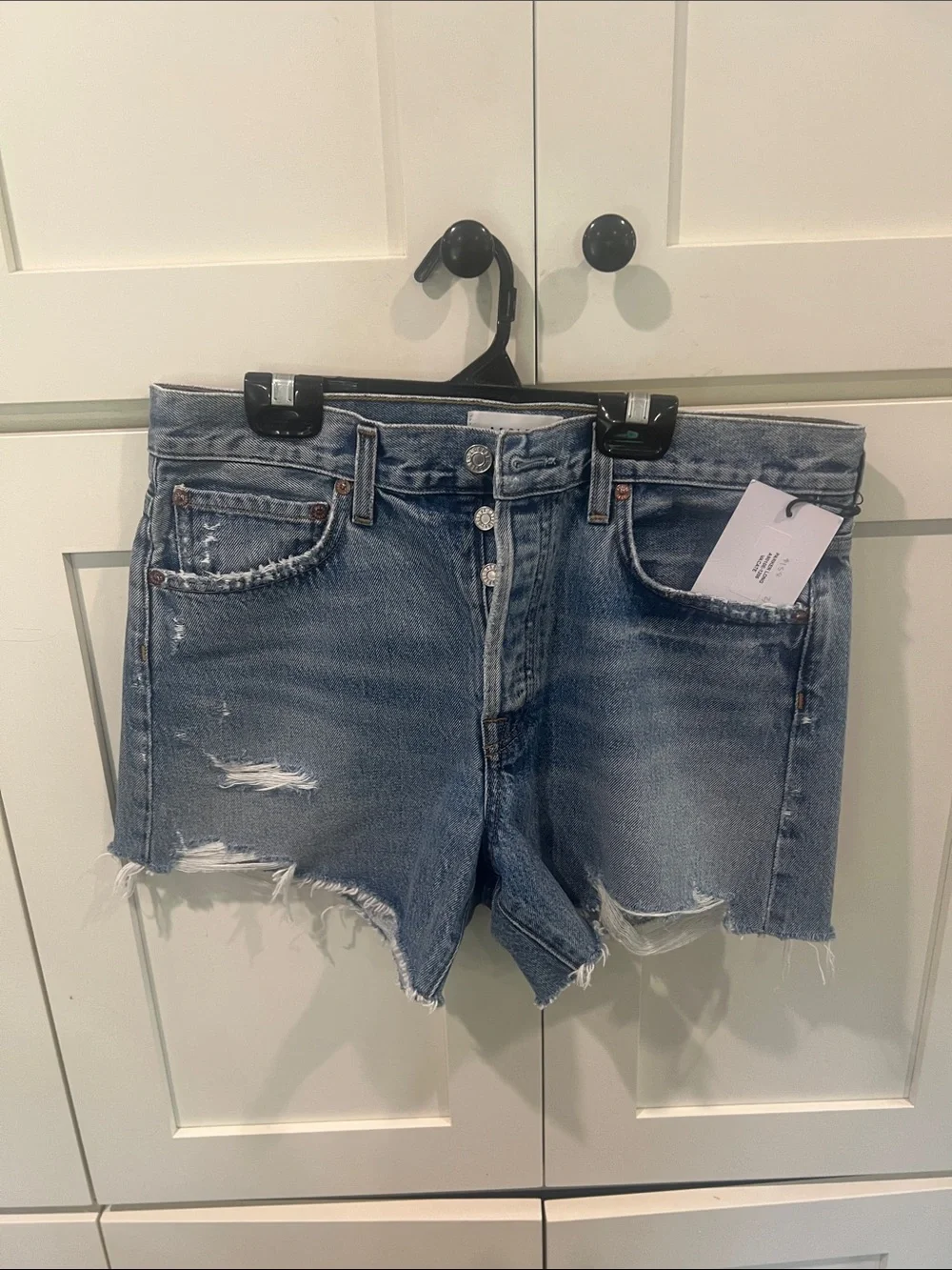 NWT AGOLDE Parker Long Vintage Cut-Off Distressed Denim Shorts Dark Wash Size 27